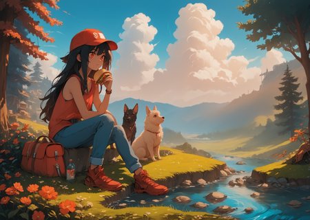 Score_9, score_8_up, score_7_up, score_6
(source_cartoon:1, source_anime:1, cartoon, vibrant, bright colors, digital art)
1girl, pants, long hair, outdoors, hat, grass, sitting, dog, dilapidated, junkyard, sign, cloud, bottle of water, sky, tree, jewelry, solo, shirt, black hair, belt, bag, day, blue sky, blue pants, jeans, denim, holding sandwich wrapped in foil, baseball cap, red eyes, tank top, (alpaca:1, oversized animal:1), red lunchbox
<lora:Eldritch_Universe_Style Pony:1.8> <lora:Black_Magic_Steering:0.8> Source_Anime  <lora:Anime Summer Days 2 Style SDXL_LoRA_Pony Diffusion V6 XL:0.8>