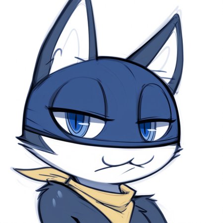 ((reality_undoer, sketch, score_9, score_8, highres, high quality, detailed face, detailed eyes)), in color, solo, cat, furry, anthro,morganasdxl, blue eyes,bandana