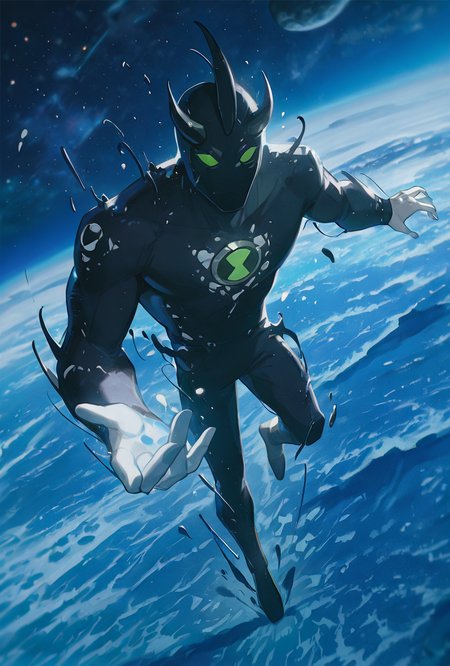 <lora:alienx-09:1> alienx, 1boy, green eyes, horns, matte black skin, dynamic pose, white hands, wide face, white spots on body,   <lora:WSSKX_WAI:1>, on alien planet, lunar surface, blue sand, alien planet, sky,, masterpiece, best quality, amazing quality, very aesthetic, absurdres, newest,