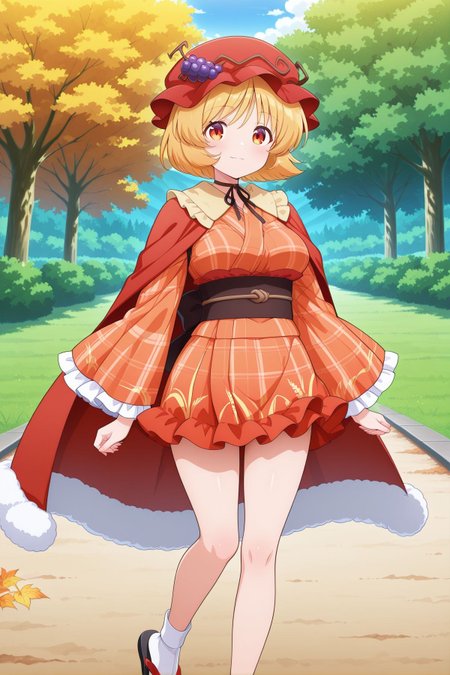 absurdres, highres, masterpiece, best quality, amazing quality, official anime artwork, screencap, anime screencap, outdoors, looking at viewer, light smile, dynamic pose, standing,
 <lora:Aki-Minoriko_Illustrious:1> aki minoriko, 1girl, yellow eyes, blonde hair, short hair, medium breasts,, aki minoriko \(sweet sister god\), alternate costume, red hat, mob cap, grape hat ornament, brown neck ribbon, red cape, fur-trimmed cape, flip-flops, japanese clothes, orange kimono, sash, red obi, long sleeves, plaid kimono, frilled kimono, frilled sleeves, wide sleeves, white socks, short kimono,