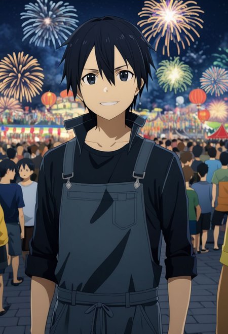high resolution, professional photography, best quality, 1Boy, Kirigaya Kazuto, Black Hair, Black Eyes, overalldetail, festivals, nights, fireworks, crowds, happy