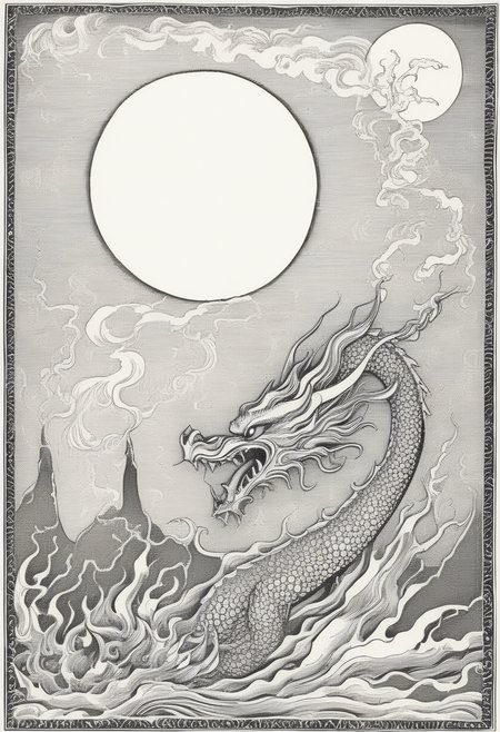Dragon breathing fire, moon, sky, wood block print, border, black and white, illustration, Kay Nielsen, <lora:Kay_Nielsen_Style:0.75>