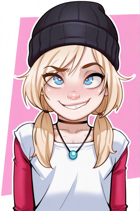 masterpiece, best quality, amazing quality,
 <lora:Andava_Mk2_Illust:0.4> andavastyle,
1girl, solo, small body, tiny chest,
thin body, blue eyes, big eyes, blonde hair, low twintails, beanie, white top, necklace, upper body, smug, smirk, cute,