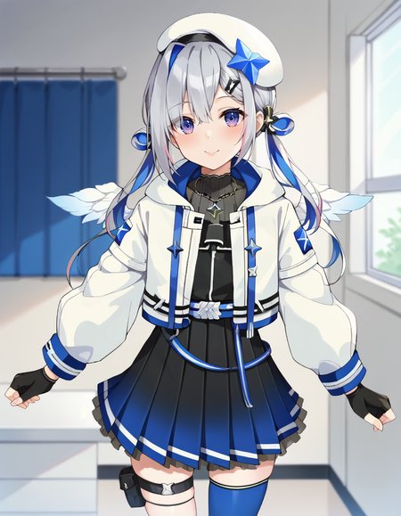 score_9, score_8_up, score_7_up, score_6_up, score_5_up, score_4_up, source_anime, anime screencap,  BREAK 1girl, solo, standing, indoors,
<lora:Amane_Kanata_Pony:1> amane_kanata, kanata_3rd, twintails, two side up, hairclip, blue star halo, white beret, necklace, pleated dress, black dress, white jacket, blue belt, black gloves, thigh strap, blue thighhighs, single thighhigh, black sock, asymmetrical legwear, white boots