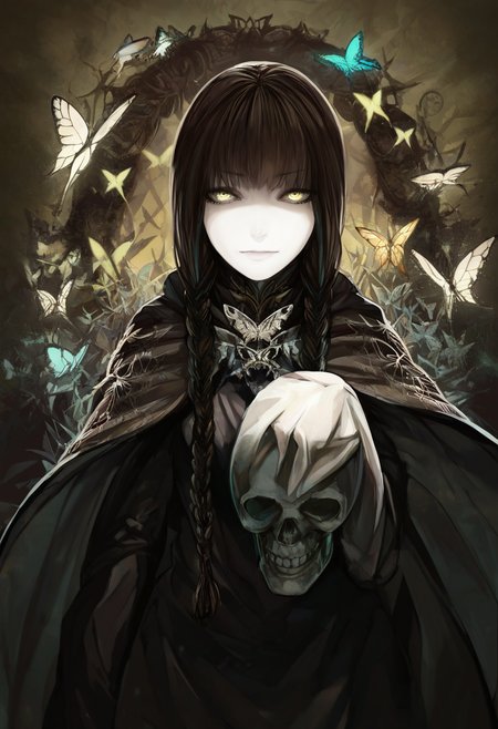 very awa, masterpiece, best quality, hightres, absurdres, 1girl, solo, long hair, brown hair, yellow eyes, braid, cape, twin braids, bug, butterfly, skull, fataStyle, <lora:FATAIL:1>