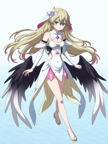 <lora:rinnev2_1:0.9>,rinne,full body,black   low wings with white  low wing ends,two tone wings,white feathers,