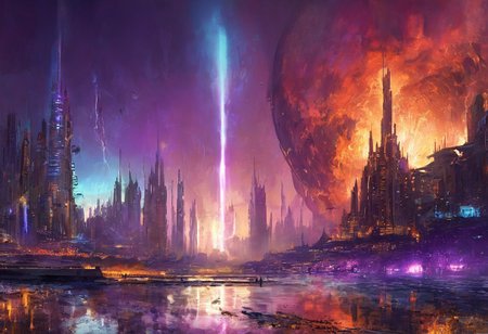 score_9, score_8_up, score_8_up, ((Cinematic composition)),((masterpiece)), (resplendent lighting), absurdres, very fine detail, 8k. A futuristic alien city alight with purple blue fires.  The broken moon can be seen with a large portion of it destroyed. Towering spires, crashing waves, busy spaceport bustling with activity, ink and charcoal, fragmented, in the style of Monet
,<lora:aidma-Image Upgrader-v0.1:0.15>,
t1ng, traditional media, abstract, texture