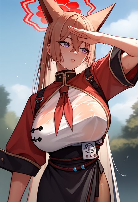 score_9, score_8_up, score_7_up, source_anime, solo, 1girl, rumi akeshiro, sweat, parted lips, looking away, salute, animal ears, red halo, chinese clothes, red jacket, short sleeves, white shirt, wet shirt, see-through shirt, red neckerchief, black skirt, side slit, rope belt, brown pantyhose, large breasts, outdoors <lora:ba_akeshirorumi_ponyXL:1>