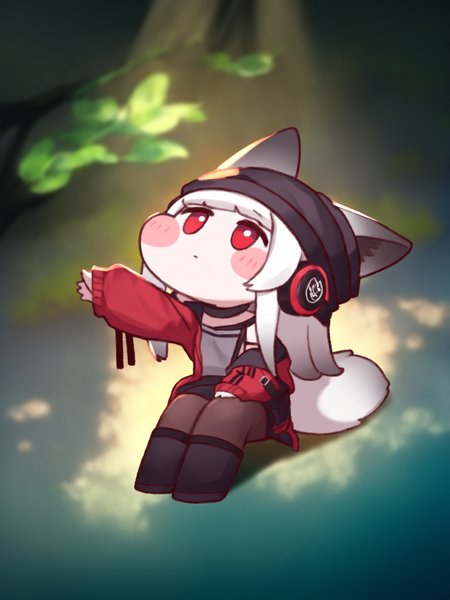 (trickcalcg, chibi:1.4), (blush stickers, blush), 1girl, frostleaf \(arknights\), arknights, animal ears, arm up, black footwear, boots, brown pantyhose, full body, headphones, jacket, knee boots, leaf, looking up, outstretched arm, pantyhose, plant, red eyes, red jacket, sitting, sleeves past wrists, solo, tail, tree, white hair sunlight, colorful, (best shadow:1.2100000000000002), golden hour lighting, (Depth of field:1.2100000000000002), beautiful detailed glow, fox ears, beanie, looking away, black headwear, fox tail, closed mouth, hat, very awaits \(style\), long sleeves, 
(masterpiece, best quality, absurdres, highres, newest:1.2), very awa, 
