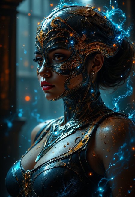Cinematic style, realism, cinematic quality, Pastel, 
A vibrant, futuristic form with smooth curves and a golden sheen that created an otherworldly atmosphere. The night was thick with rain, its rhythmic drumbeats in the tall windows of the old manor mingling with the low hum of jazz drifting through the room. She moved through the crowd like smoke, dark and elusive, in a shimmering dress that seemed to catch the light in all the right places. Her (((mask of delicate lace: 1.4))), clinging to her skin, revealed just enough to spark the imagination, but hid the most important parts: her eyes. Only her lips were open, painted a shade of red that seemed both dangerous and inviting, like a whispered secret. One that could kill a man. Simple yet captivating, the design caught the light reflections on its surface, adding depth and dimension. This digital work of art embodies modernity while simultaneously awakening curiosity about what lies beyond our consciousness.