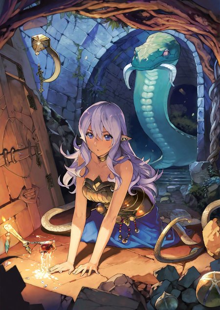 by oda non
by rella, by yogisya
beautiful girl, 
 piercing eyes
 masterpiece, best quality, high quality, highres, absurdres, very detailed, high resolution, sharp, sharp image, 8k, vivid,stunning, anime, aesthetic
In the depths of an ancient dungeon, dimly lit torches cast flickering shadows on moss-covered stone walls. The air is thick with a musty scent, and the distant echoes of unseen creatures add an eerie ambiance. In the center of the dungeon, a courageous girl, adorned in worn but resilient armor, cautiously navigates the labyrinthine corridors.
Her path is illuminated by the soft glow of a magical crystal held in one hand, revealing intricate carvings and ancient runes on the dungeon walls. Sinister vines snake along the edges, hinting at an otherworldly presence. The girl's determined expression and the glint of a hidden key at her side suggest a quest for freedom or treasure, as she bravely faces the unknown challenges that lie ahead in this fantastical underground realm.