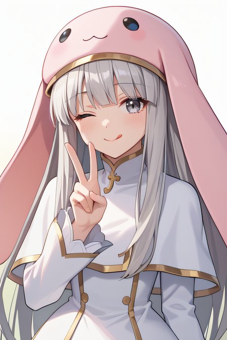score_9, score_8_up, score_7_up, source_anime, rating_safe, intricate details, anime screencap, official style, 1girl, solo, <lora:Sistermon_Blanc:1>, sistermonblanc, grey eyes, grey hair, pink hat, very long floppy animal ears, white dress with gold trim, long sleeves, white capelet, thighs, looking at viewer, smile, indoor, upper body, peace sign, hand up, one eye closed, closed mouth, tongue out