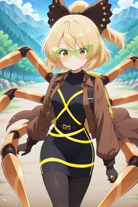 absurdres, highres, masterpiece, best quality, amazing quality, official anime artwork, screencap, anime screencap, outdoors, looking at viewer, light smile, dynamic pose, standing,
<lora:Yamame-Kurodani_Illustrious:1>  kurodani yamame, 1girl, solo, brown eyes, blonde hair, long hair, ponytail, small breasts,, kurodani yamame \(envoy from the underworld\), alternate costume, hair bow, black bow, green-tinted eyewear, brown cape, brown jacket, open jacket, long sleeves, black bodysuit, black gloves, black skirt, pencil skirt, black pantyhose, yellow backpack, mechanical arms, arthropod limbs, multiple limbs, multiple arms,