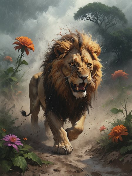 coomplex illustration of a mighty lion in the jungle very fast  running to the viewer, trees and flower,  in a massive cloud of dust, agression, anger, hyperrealistic scene, heavy rain, detailed focus, art by Aaron Jasinski, epic fantasy scene, vivid colors, Enchanted Masterpiece, Fantasycore, Award-Winning, Masterpiece,  contrast, faded,   <lora:Desolation:0.5>