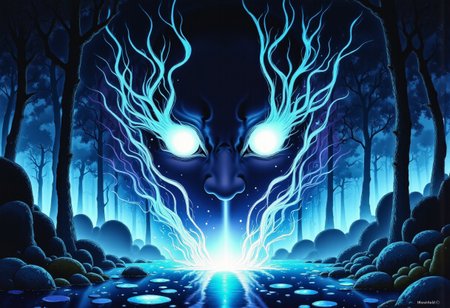 high definition digital animation depicting a cursed hannya mask radiating an eerie cyan and magenta aura blooming out of a blue lotus in a liminal bonsai garden, Studio Ghibli Dark Fairytale