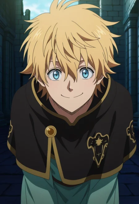 masterpiece, best quality, intricate details, anime screencap, , , looking at viewer, 1boy, solo, male focus, <lora:luck_voltia_ilxl:0.94>, luck_voltia, blonde hair, blue eyes, short hair, hair between eyes, , capelet, rule of thirds, ancient ruins, dark, leaning forward, smile,