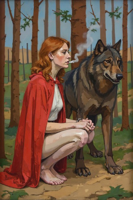 euanuglow1 painting. 
A woman with red wavy hair, dressed as Little Red Ridding Hood squatting beside the Big Bad Wolf. She is smoking. <lora:euanuglow1_cap_d6aee11:1.0><lora:845539586097616866:0>