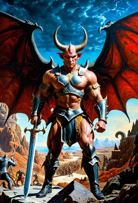 A hyperrealistic 8k photograph was captured by Sid Avery's Hasselblad camera, depicting close-up a handsome+ Tiefling shield bearer with pink+++ skin and slender build during a battle+++, surrounded by demons+, He has a bald head, yellow eyes, calm+ and handsome+ and detailed+ face, He is dressed in a renaissance plate armour, high details and era-appropriate, He is wielding a Backsword+ in the right hand, and he is holding a steel shield+++ in the left hand, the character has large demonic wings+++, Backdrop (background) of a focused scene of a battle++ with demons+ next to a white-marble+ palace+, Mysterious composition, imbued with an ambient 3d warm studio backlight, Lovecraftian Horror-themed, in the artistic style of Boris Vallejo++,