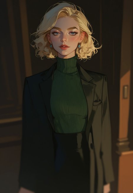  score_9, score_8_up, score_7_up, score_6_up, score_5_up, score_4_up,1girl, turtleneck sweater, black sweater, pale skin, semi-realism, medium breasts, tight clothes, dark narrow corridor, black latex gloves, formal suit, black suits, blonde hair, great artist, 8k, black formal jacket, shadows, cinematic scene, depth of field, long eyelashes, sharp eyebrows, sexy, seductive, Noise effect, old movie effect, old time, eyeliner, 