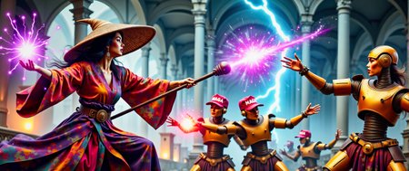 A dynamic action movie poster showing a techno-mage of the Sisterhood, wearing multi-colored robes and a (bamboo Coolie hat:1.2), engaging in an intense battle against three evil golden RealDonaldTrump-Bots wearing red "MAGA" hats, from the dark resort of Mar-a-Lago.  The techno-mage uses her staff to fire pulsating balls of purple magical energy at the RealDonaldTump-Bots. The RealDonaldTrump-Bots are firing red pulse energy beams at the techno-mage. Bolts of blue electrical discharges permeate the air.  It is evening, and the battle takes place in the dark misty dystopian ruins of the Mar-A-Lago resort.  This is a full frame body shot, providing a environmental wide angle view of the entire body.  Movie poster, bold colors, action sequence, complex patterns.  Intricate details, masterpiece, best quality.  Dramatic and dynamic high contrast lighting, dim dark atmosphere. <flux_realism_lora:0.64> <FluxDFaeTasticDetails:0.82> <BaroqueColorful:0.72>