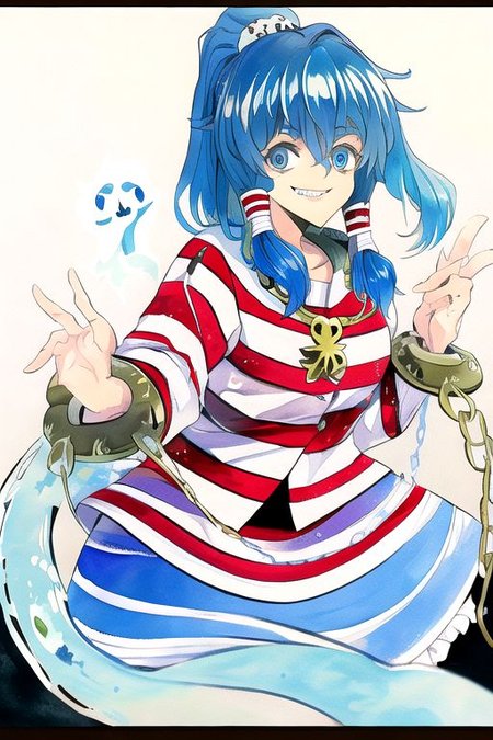 solo, 1girl, solo_focus, ((too many)):16, 
watercolor (medium), traditional media, 
miyadeguchi_mizuchi, solo, 1girl, smile, shirt, long_sleeves, skirt, hair_ornament, teeth, ponytail, chain, cuffs, blue_hair, shackles, long_hair, chains, striped_shirt, striped, skull_hair_ornament, blue_eyes, hair_tubes, bags_under_eyes, ghost, glowing_eyes, wide-eyed, spirit,