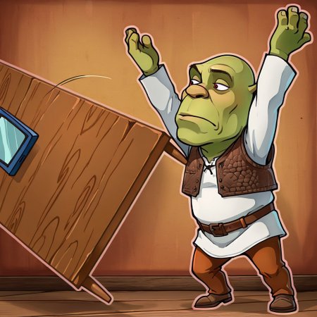 masterpiece, best quality, newest, absurdres, highres, anime, anime style, colorful, sticker, outline, chibi, Table-Flip-IL.V1.0, table, table flip,
1boy, shrek, bald, green skin, brown vest, white shirt, brown belt, pants