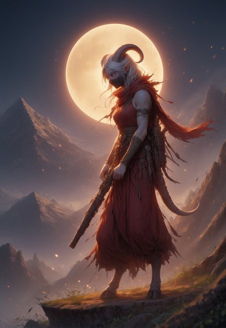 (absurdres, best quality, masterpiece:1.4), score_9, score_8_up, score_7_up, score_6_up, detailed, detailed body, detailed face, world of warcraft, fantasy, <lora:add-detail-xl:1.5>, 

fFaceDetail, SkinDetail, ((female, draenei, tall, athletic arms, pale white skin, smooth skin, long white hair, purple eyes, no pupil, no sclera, long white tail), (h0rns, ram horns, white horns), 
(long fingers, purple fingernails, purple nail polish)), 

(long loose red dress, simple armlet, black facemask, red silk scarf), GunMonk, shotgun, holding shotgun,

full body, side view

outdoor, evening, mountains, moon