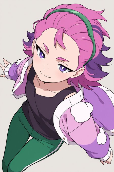 masterpiece, best quality, 1girl, solo,bbDotPKMN, 1girl, purple eyes, bright pupils, hairband, pink hair, short hair, black shirt, long sleeves, jacket, open clothes, green pants,   <lora:DotPokemonIXL_v1:1.0>, from above, dynamic pose, cowboy shot, smile, looking at viewer, shiny skin,