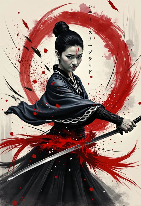Create an abstract b&w ink painting: A dynamic painting of a woman wielding a sword. The woman is dressed in traditional white clothing with hair tied in a knot, her beautiful face covers in shadow. The scene captures the motion of the sword with bold red and black brushstrokes, creating a dramatic effect. The background is bright, contrasting with the dark and red colors of the figure and brushstrokes. Red splatters and lines add an intense and energetic atmosphere. The painting features a mix of expressionism and abstract art, with symbolic representation of strength and movement. Influences of traditional Japanese art and culture are evident in a dezent monochromatic scheme, primarily with shades of black, white, and red.
