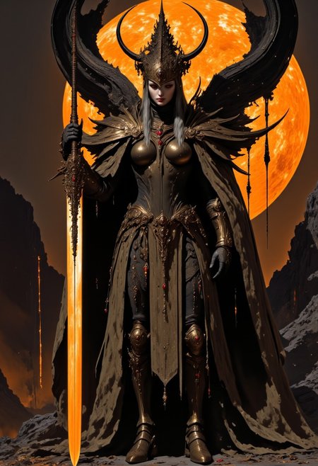elf girl, (elf warrior), gorgeous, (dark elf), (drow), bone armour, wearing armour made of bones, unholy black ornaments, mystic jewelry, standing upright, holdind a shining sword, sword is ornate and covered with runes, wearing tattered cloak and hood, intimidating aura, background is a giant burning tree, atmoshere of image is tragic and epic, The style is ethereal and artistic, soft lighting and shadows, cinematic warm lighting, female, 1girl, gray hair, long hair, pale skin, red eyes, gray cloak, holds sword, the character is charismatic and unholy, cowboy shot