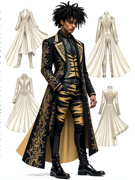 A minimalistic white-toned fashion shoot illustration depicting a Brazilian (male earth elemental:1.21) modelling a steampunk Ringmaster costume that utilises damask and chenille material. The clothing tightly hugs the person and is decorated with intricate black and copper reticulated designs. The overall feel of the image is dynamic and magical. Additionally, the backdrop shows comcept drawings of the clothing, rendered in fine flowing lines and appliqued goldleaf. The general effect is of timeless fine art elegance. <lora:midjourney_whisper_avant_couture_v01:1>