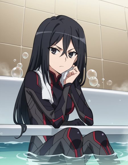 score_9, score_8_up, score_7_up, source_anime, <lora:shutaura-sequenzia-movie-ponyxl-lora-nochekaiser:1>, shutaura sequenzia, long hair, black hair, black eyes, hair between eyes, anime screencap,, bodysuit, black bodysuit, pilot suit, bathtub, water, bubbles, steam, towel, , sitting, elbow rest, table,, looking at viewer, solo,, dutch angle, cowboy shot