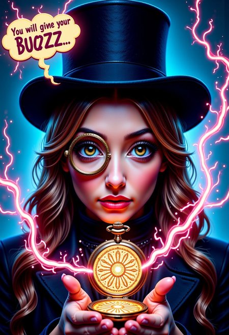 A photo of female hypnotist, wearing a top hat, wearing a monocle, eye magnified, holding a pocket watch, it sways hypnotically, motion lines of watch moving, hypnotic pattern on watch glass, glass, intricate light, intricate artwork, masterpiece, trending on artstation, highly detailed. watch is metallic. mtlartCE_style. aidmatextimprover. Text bubble comes out of hypnotist that reads "You will give me your BUZZ..." electric plasma flows around edges of frame, colorful