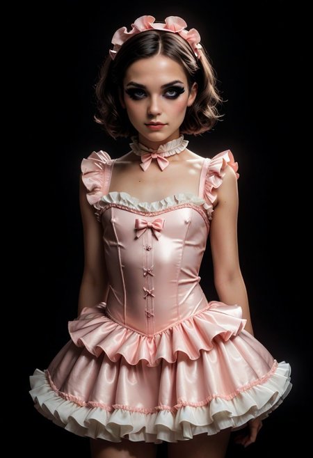 score_9, score_8_up, score_7_up, rating_safe, concept art, realistic, dark theme, low light. 
1boy, Sissy, Femboy. Solo. Proportion body.
Flat chest, Sexy makeup. 
Young face, Sexy face, Cute face.
((Frilly dress))