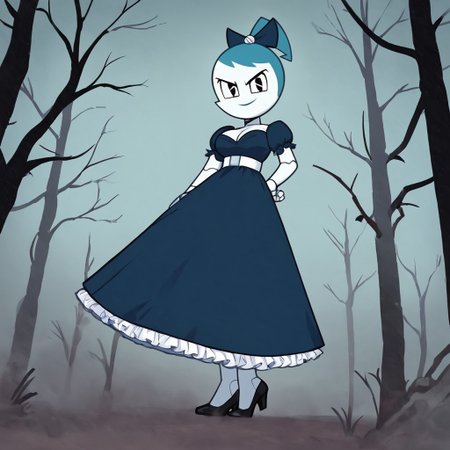 (Masterpiece, best quality:1.2), score_9, score_8_up, flat color, flat shading, soft shading, lighting, Jenny Wakeman as an adult, (((in a 1950's full length formal dark blue dress, a white belt, a fluffy frilly ruffled full white petticoat, and black high heels))), dress, layered petticoat, frilly petticoat, fluffy petticoat, full petticoat, detailed petticoat, wide skirt, detailed outfit, flowing skirt, (((long skirt))), (((solid dark blue colored dress, black high heels))), blue hair, series accurate, cute, best high quality, high res, robot, humanoid robot, (((giant breasts, cleavage))), whole body shot, 1girl, (((solo, outside, in a dark creepy forest, at night, heavy fog surrounding her, fog, heavy fog, looking at you, low angle))), (((evil, evil smile, determined evil eyes, posing gracefully and evilly))), low angle shot, cartoon, cartoon style, vector, solo, circle dress, 1950s, dance dress jenny, jenny wakeman, 1girl, solo, robot joints, black eyes, white skin, ponytail, hair bow, blue rose chest corsage, poofy dress, blue hair, flat lighting,