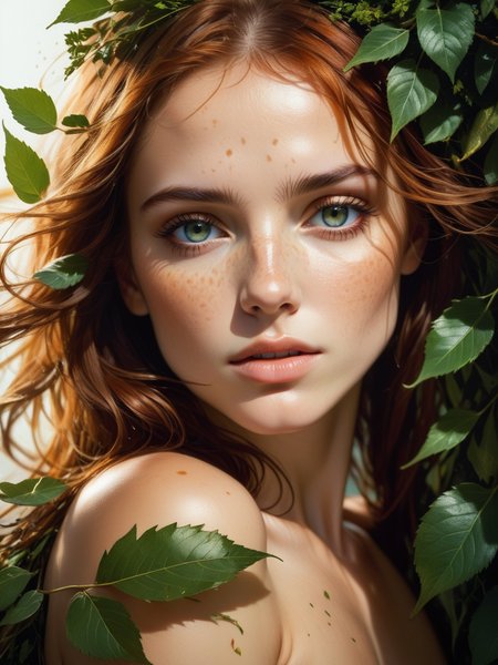 <lora:add-detail-xl:1> portrait of a unique breathtaking and beautiful woman face close-up, stunning detail, hyper detailed eyes, detailed skin with a flawless texture delicate and refined, smooth hair elegantly draped around her neck, subtle freckles on her nose, fullness of her lips, covered with leafs, captured in masterful composition, lighting accentuate her natural beauty, gentle shadows and highlights, incredible skill and attention to detail, nuance and detail, supersharp focus, Carne Griffiths, Conrad Roset, annie leibovitz, (hyperdetailed:1. 15), (soft light, sharp:1. 2), (Hasselblad masterclass:1. 1)