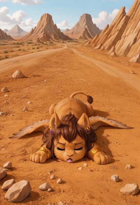 full body, ((solo)), furry, fluffy, fluffy fur, perfect eyes, zPDXL3, ((action_pose:1.5)), sfw, 

cute female furry feral chibi m4gp1e,  sleeping, (lying on back):1.5, books, open mouth, fang, drooling, closed eyes, rocks, source_furry, m4gp1e, sphinx, feral, jewelry, bracelets, wings,

(((outside desert mountain))),  

(high detailed face), (high art quality), (high detailed), 4k, (high resolution), (8k resolution), masterpiece, best quality, ((scenery)), detailed background