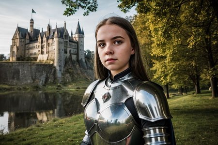 an up angle photo portrait of a girl, (medieval armor), metal reflections, outdoors, contrasting side sunlight, far away castle, eye contact, bokeh, blurry background, crest on chest
