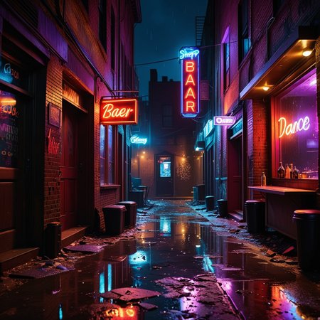 A dark and grimy alleyway behind a dance bar at night, illuminated by dim, flickering neon lights in shades of red and purple. The alley is narrow and lined with aged, graffiti-covered brick walls. Scattered trash and puddles reflecting the dim light create a gritty atmosphere. The scene feels damp and unwelcoming, with faint traces of smoke and steam rising from a nearby vent. Broken glass and discarded items litter the uneven ground. The distant hum of a neon sign and faint sounds of music leaking from the bar add to the urban, moody ambiance of the night.
<lora:SDXLFaeTastic2400:0.4> <lora:extremely_detailed:0.4> extremely detailed, Masterpiece,best quality,hi res,8k,hi res,8k,award winning,(sharp focus, intricate, highly detailed),