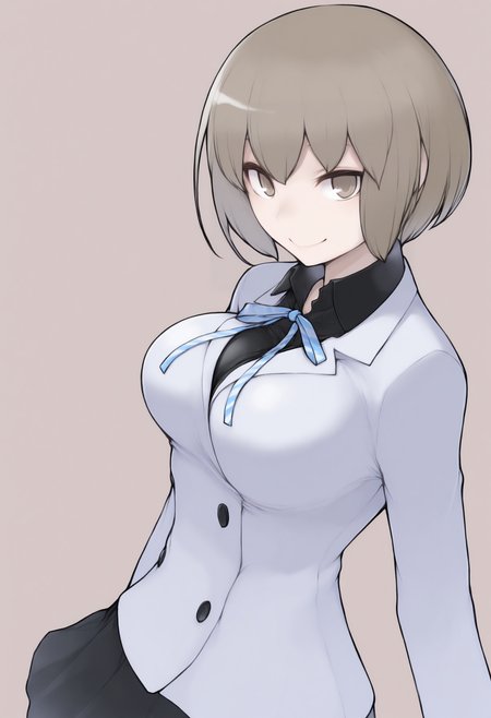 masterpiece, best quality, solo, 1girl, looking at viewer, smile, <lora:Io-illus_Fp:1>, iodesu2, short hair, brown hair, brown eyes, school uniform, ribbon, collared shirt, black skirt, black shirt, large breasts,  <lora:Yasuda-Suzuhito-illus_Fp:1>, simple background,