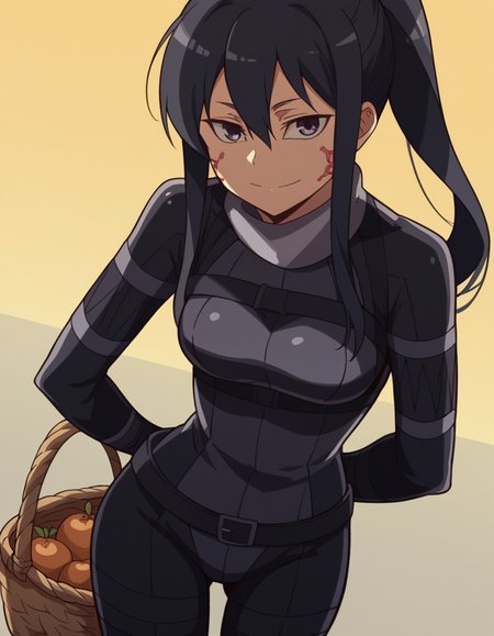 score_9, score_8_up, score_7_up, source_anime, <lora:pitohui-s1-ponyxl-lora-nochekaiser:1>, pitohui, long hair, black hair, ponytail, facial mark, sidelocks, medium breasts,, bodysuit, black bodysuit, long sleeves, belt, , farmers market, fresh produce, local vendors, baskets, sunny day, community, smile, looking at viewer, hands behind back, bent over,, solo,, cowboy shot, dutch angle,