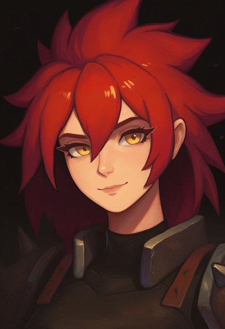 very awa, masterpiece, best quality, hightres, absurdres, pixelPaint, 1girl, red hair, medium hair, spiked hair, yellow eyes, light smile, portrait,   <lora:PixelPaintStylez-IL:0.5>