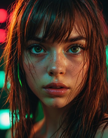 Close-up portrait of a girl, big eyes, long eyelashes, full lips, tanned skin, messy brown hair, long bangs falling over her face, nice face in Anna Dittmann style, head slightly tilted forward, piercing in ears and nose, loving expression, dark environment with red and green neon light reflections, high contrast, side lighting, cyberpunk style