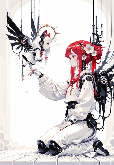 1girl, doll girl, doll joints, white hair, long hair, braided bun, red hair ribbons, hair flower, key hair ornament, kneeling, outstretched arm, curious angel cat, presenting key, mechanical wings, profile, nail polish,  white background, (monochrome, negative space:1.2), white theme, painterly, no lineart, no outline, fine art, masterpiece, best quality, good quality, very awa, very aesthetic, absurdres, newest, 8k, high contrast, in the style of cknc, haiz_ai, wat