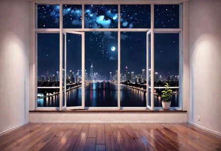 ((((front view)))), Shallow scene, ((animation style)), (((City high-rise building scenery))), ((((City scenery outside the window)))), ((sense of mystery)), (night), starry sky, moonlight, (weak light), (Facing the window), (open window), modern-style interior, Wooden floor, with white walls, (large windows), a living room, sofa and coffee table by the window sill,  (((Sofa placed horizontally))), (Behind the sofa is the window sill),