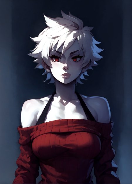 white skins, spiky red short tomboy hair, neutral expression, tight sweater, <lora:NAHIRI:1> nahiri, 1girl, solo, short hair, breasts, bare shoulders, white hair, colored skin,  <lora:RD-MAnon-XLV1.1:1>  female,, source_anime, score_9_up,  score_7_up, score_8_up