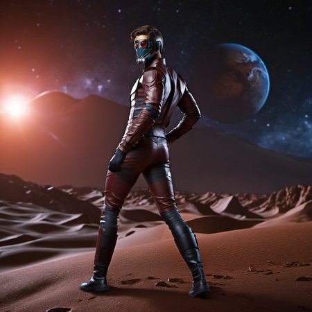 cinematic photo a man, full body,  with a mask , sexy poses, planet mars background <lora:Starlord1024:0.8>  . 35mm photograph, film, bokeh, professional, 4k, highly detailed