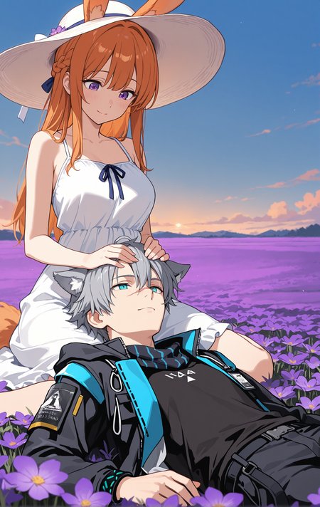 masterpiece, (ultra detailed), sharp details, purple flower field, blue sky, evening, 1girl, 1boy,  ADDCOMM french braid, long hair, purple eyes, orange hair, straight hair, orange rabbit ears, summer dress, summer hat, sitting, looking down, mature female, 
 ADDROW mature male, wolf ear, short hair, pure grey hair, aqua eyes, scar on nose, (lap pillow, kneeling), summer dress, 
 ADDROW  black jacket, black cargo pants, black t-shirt, scarf,  wolf tail,  rhodes island logo \(arknights\), infection monitor \(arknights\), on back, from side,
