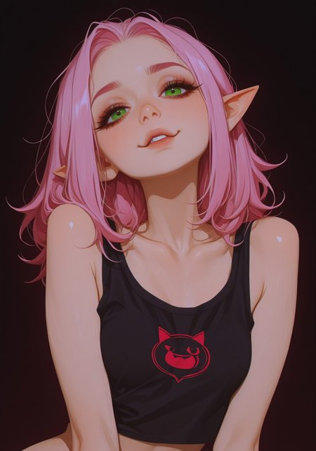 1girl, solo,

tank top with cat logo, slim, small breasts,
pink hair, green eyes, sexy elf,
beautiful eyes, detailed face,
looking at viewer,
dynamic composition, yandere expression, dynamic pose,

anime style, anime, pastel,
xxx667_illu, artist:moriimee, 748cmstyle, no lineart, flat color, EGirlPFP