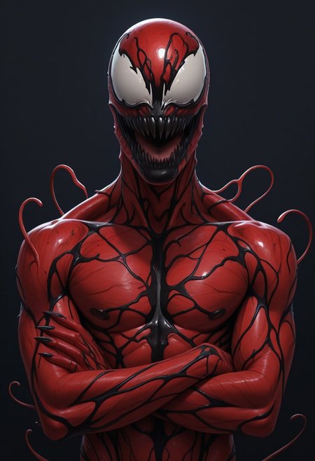Realistic, perfect anatomy, masterpiece, high quality, best quality, highres, aesthetic, cr3sx4rt,
BREAK
Skinny, fit, smooth skin, carn4ge, 1boy, solo, carnage, symbiote, red skin, male focus, portrait, focus, upper body, crossed arms, no background, black veins,